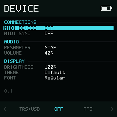 NullPerator Device settings with Connections, Audio, and Display sections