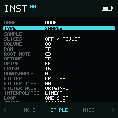 Scrollable Sample instrument parameter list