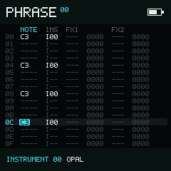 Phrase view with notes on rows 00, 04, 08, and 0C