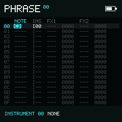 Phrase row 00 showing note C3 and instrument I00